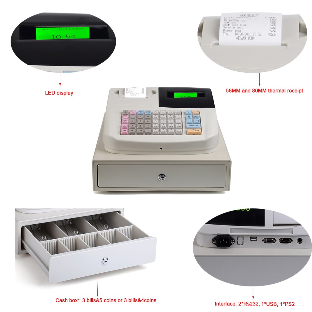 USB Interface All-in-One POS with 8 Digits LED Electronic Cash Register and Cash Drawer