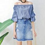 Women Charming Denim Skirts With Pearls ，Blue Jean Skirts For Ladies