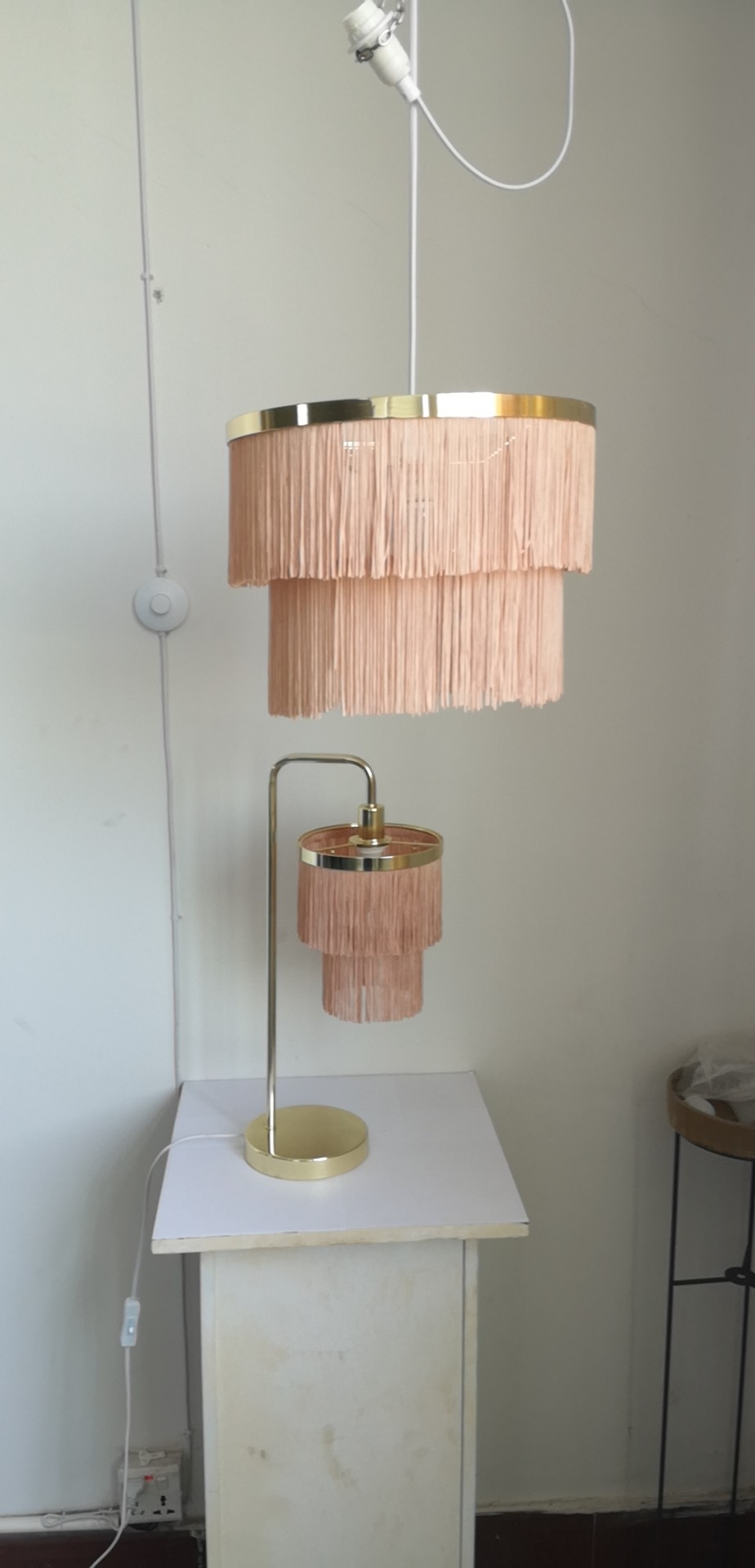 Small Base Pink Fringe Shade 2 Layer Drum Shade Chocolate Chrome