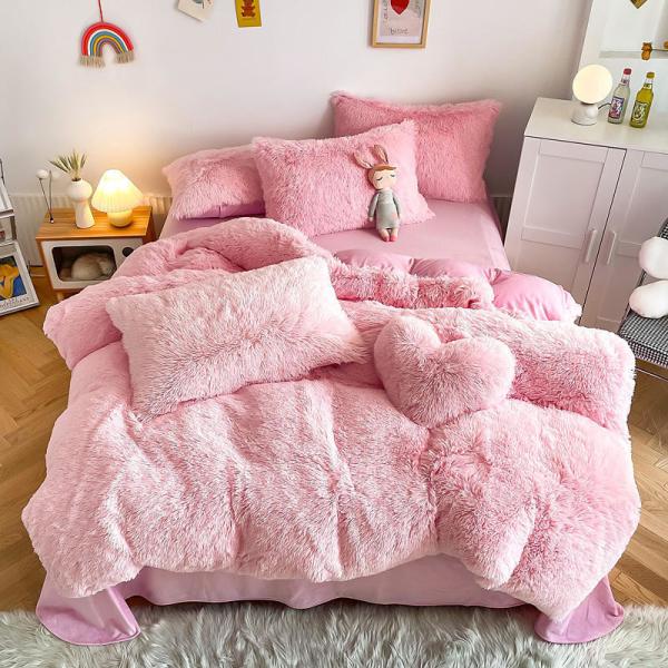 4 Piece Multi Color Bedding Sheet Set for Kids Girl's Room in Fur Velvet Fluffy