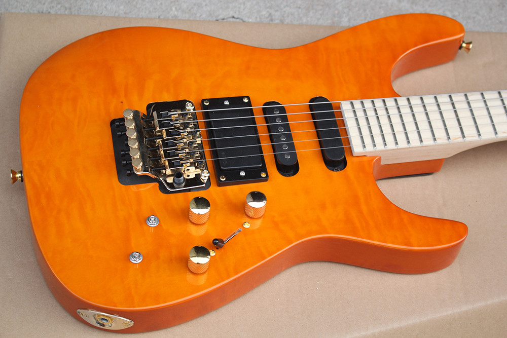 Factory Custom Orange Electric Guitar with Floyd Rose,3 Pickups,No Frets Inlay,Gold Hardware,Flame Maple Veneer