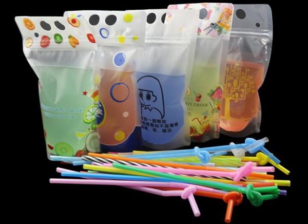 Stand Up Reclosable Zipper Clear Drink Pouches Bags with Plastic Straw, 8mil