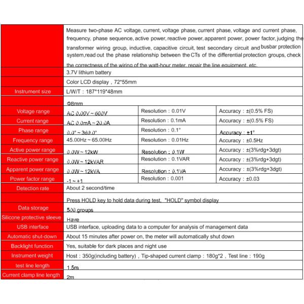Smart Double Clamp Phase 12kW Va Meter Digital 500 Sets Data