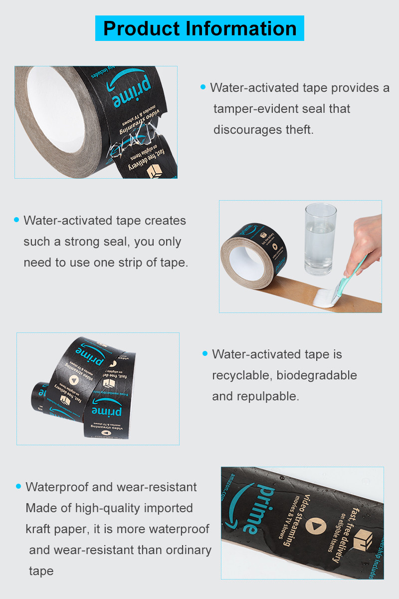 Custom Logo Brown Packaging Water Activated Gummed Thread Reinforced Wet Kraft Paper Adhesive Tape Roll for Packing Black