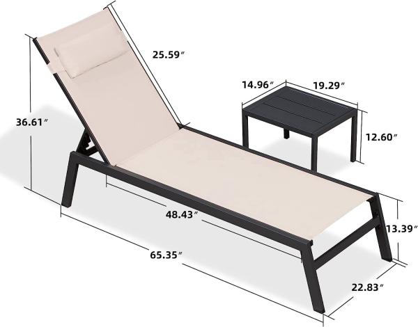 Outdoor Lounge Chair Set Aluminum Patio Chaise Lounger Side Table and Pillow