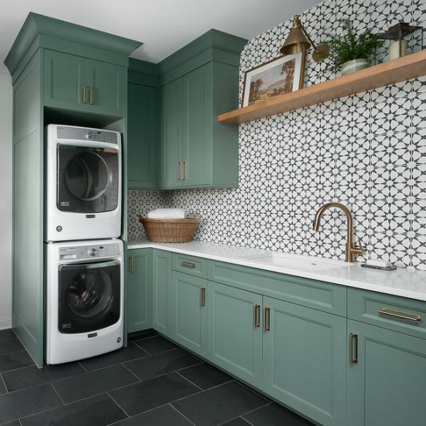 American Shaker U Shape Oasis Lacquer Blue Room Aundry Storage Cabinet With Two Washing Machine