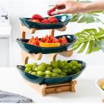 White Green 2 3 Tier Ceramic Fruit Bowl With Bamboo Wood Stand For Kitchen