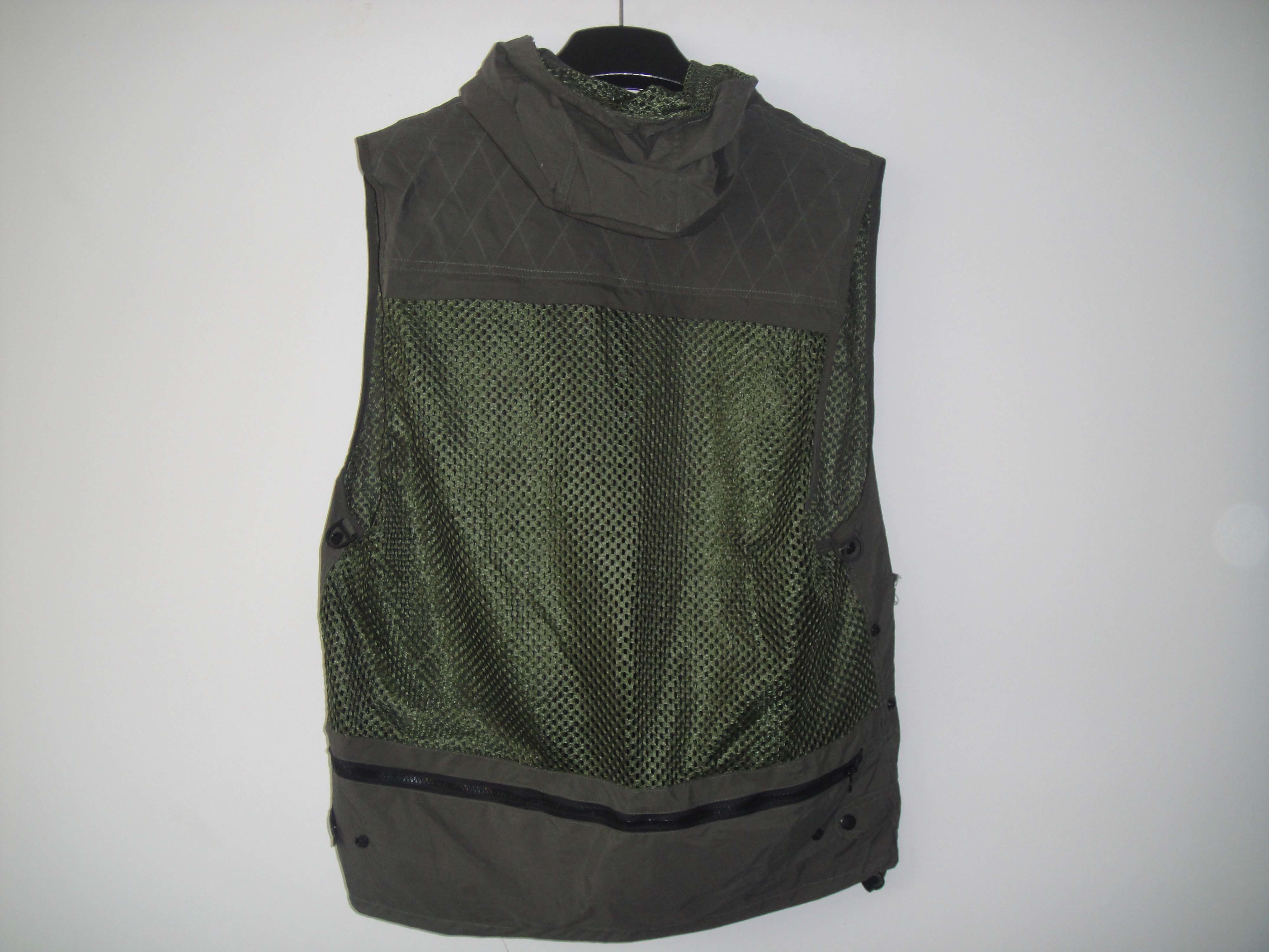 Fishing vest 033 with hood in taslan fabric, olive green color, water proof, quick dry, S-3XL