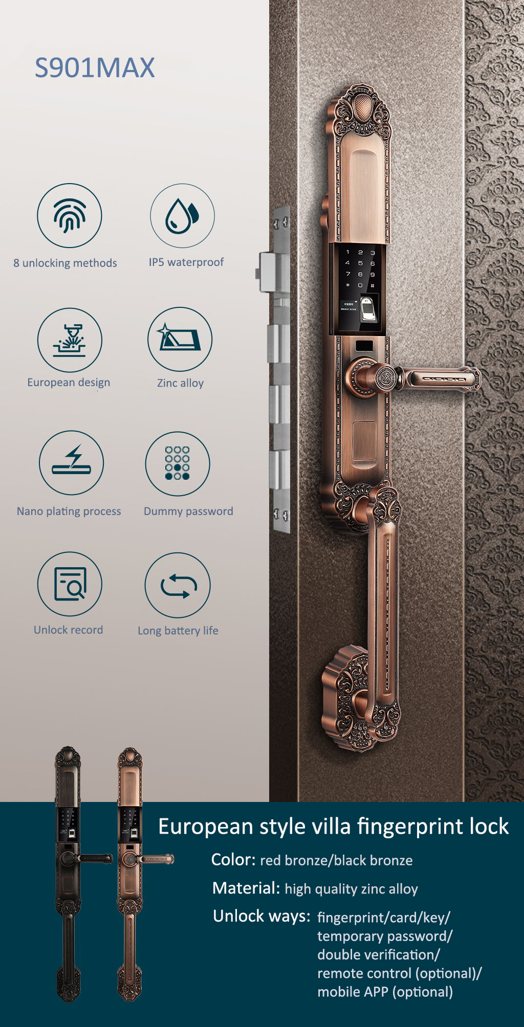 Red Bronze Automatic Fingerprint Door Lock Zinc Alloy App Door Lock