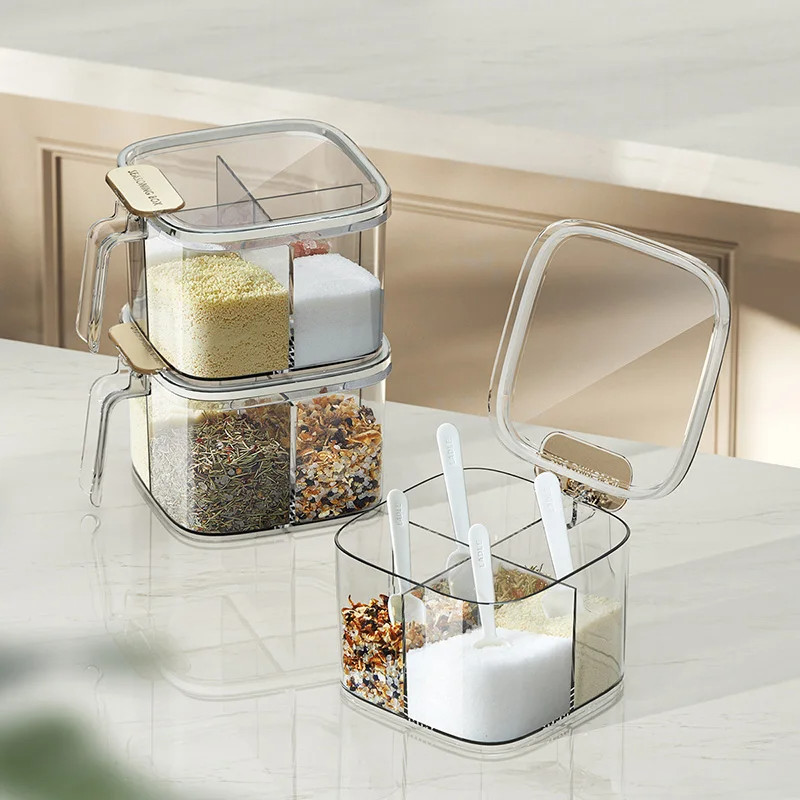 PET Household Kitchen Salt Jar Multi Grid Function Kitchen Spice Box With Spoon