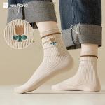Solid Color Stripe Breathable Cotton Socks Flower Embroidery Crew Women Socks