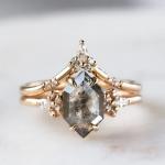 925 Silver Hexagon Cut Salt and Pepper Diamond Moissanite Ring Curved Matching