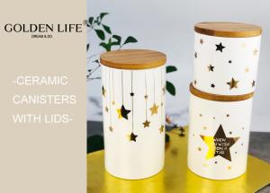 Wholesale Porcelain 3 Piece Ceramic Gift Set Bamboo Lid Three Sizes With Gold Stars Design from china suppliers