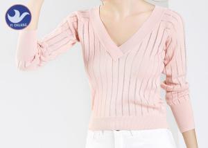 Wholesale Vertical Transparent Stripes Womens Knit Pullover Sweater Pink Double V Neck Top from china suppliers