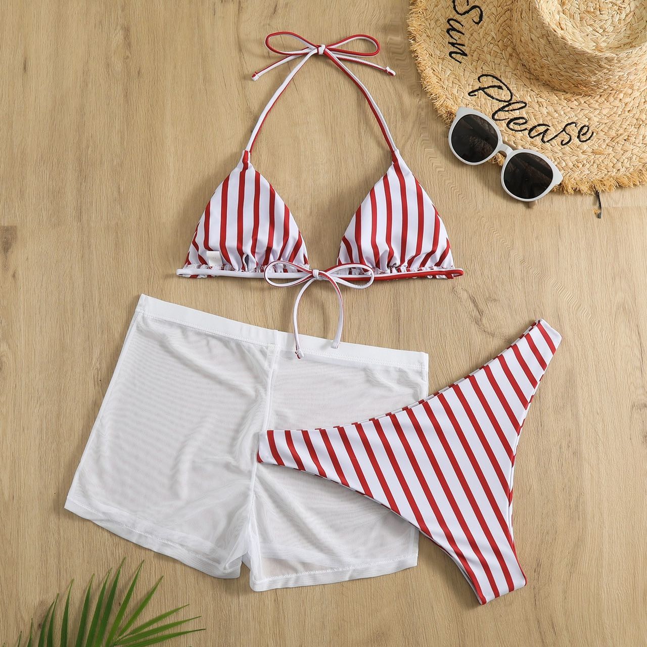 S-Xl Size Nylon Fabric Three Piece Swimwear For Swimming Black Strip Comfortable In Stock Durable Fashion