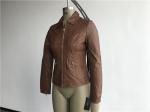 Ladies Soft Camel Pleather Jacket , Gold Polo Collar Pu Jackets For Womens