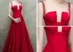 Backless Red Ball Gown Prom Dress Stretch Satin Bust Cut Out Shoulder High Slit