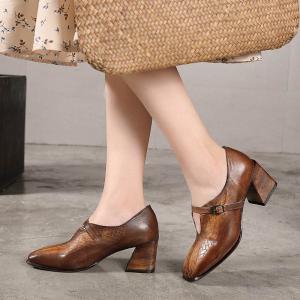 Wholesale S166 2020 autumn and winter square toe thick heel handmade original leather high heels literary forest women's retro from china suppliers