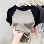 Custom Y2K Ribbed Cotton Contrast Color Crop Top Ruched Drawstring Short Sleeve