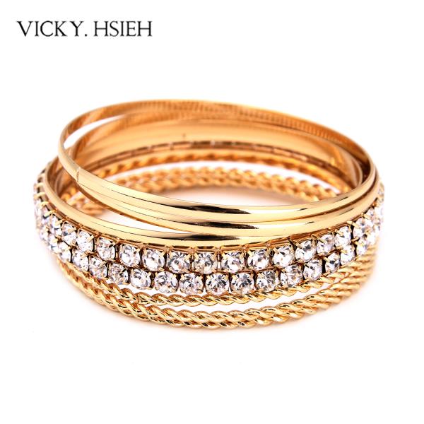 VICKY.HSIEH Gold Tone Crystal Rhinestone Smooth and Twisted Texture Bangle