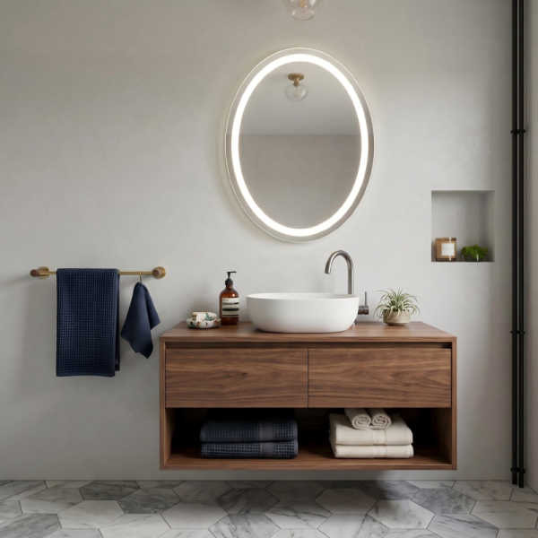 Kingstin Custom Oval LED Mirror Smart Bathroom Frameless Illuminated Mirror Anti-Fog Bluetooth Music 3-Color Light