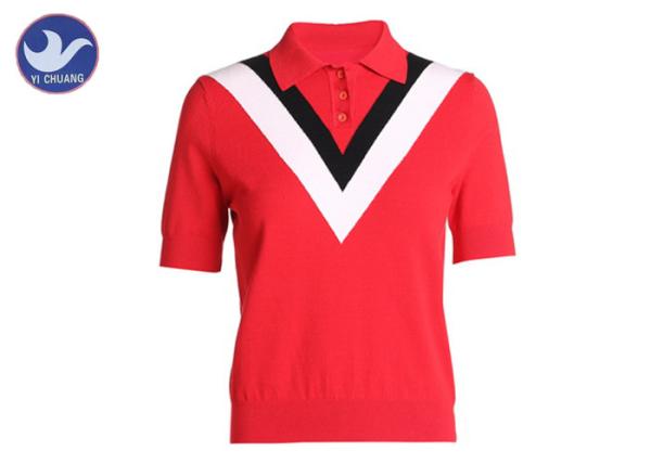 Red Short Sleeve Turtleneck Sweater , Knitted Polo Neck Jumper Buttons Closure