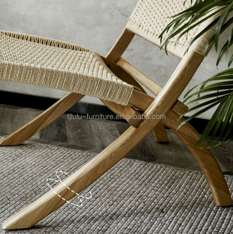 Hotel Living Room Furniture Nordic Style Solid Wood Leisure Chair with Woven Cord and Foldable Design