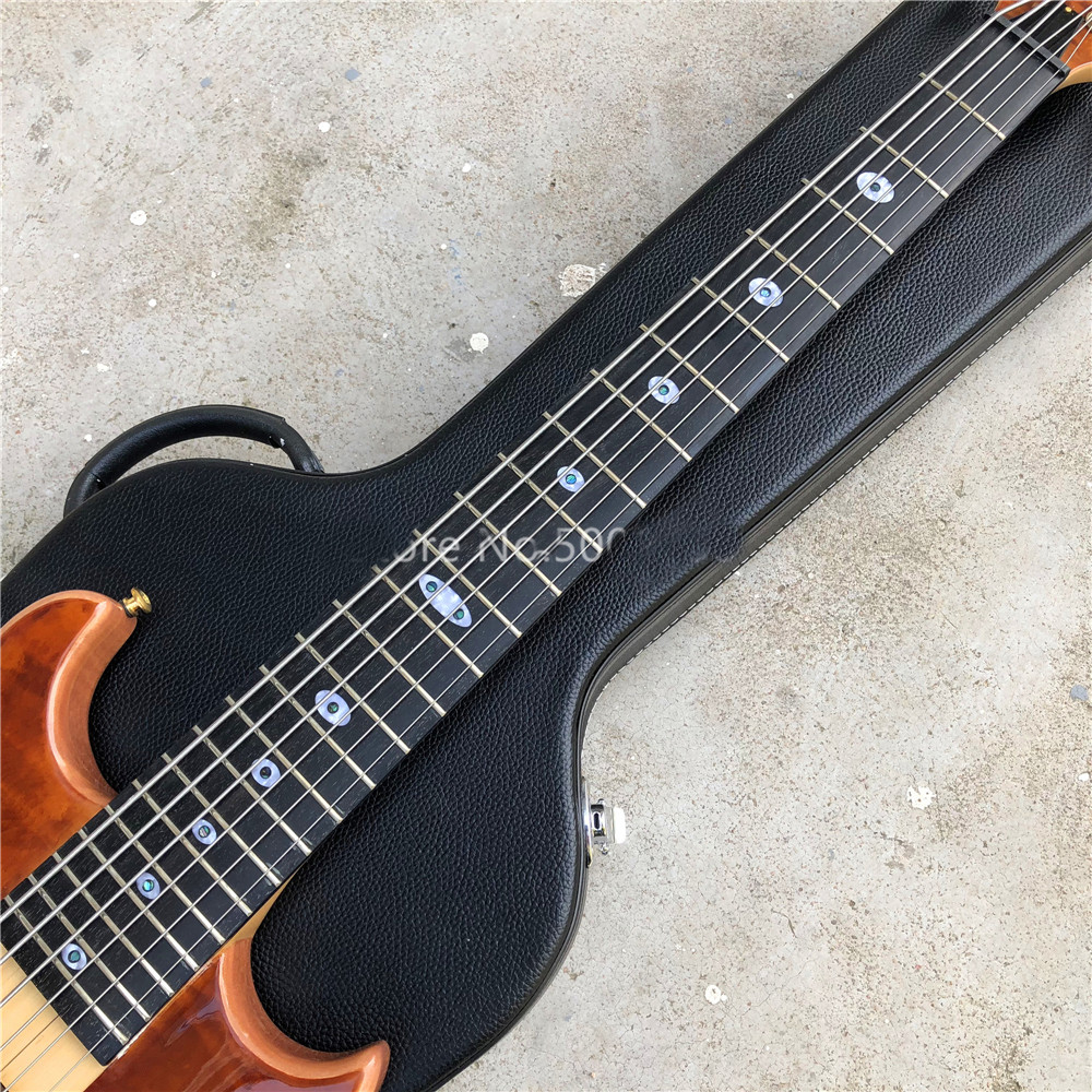 6 String Electric Bass Guitar with Win Red burst Maple top Ebony Fingerboard Active pickups Bass Neck through body