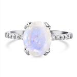 Elegant Plated Oval Cut Claw Setting Moonstone With CZ Rings Engagement Women