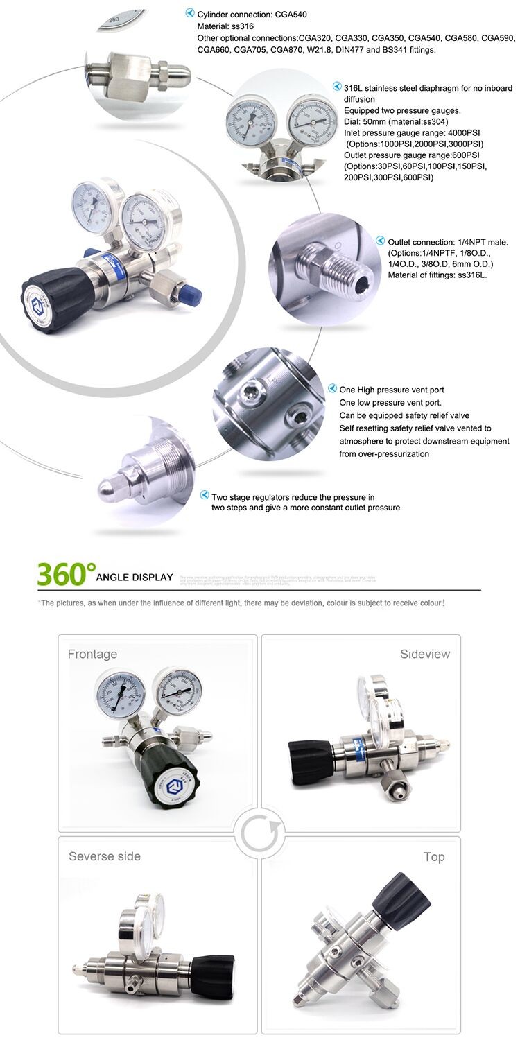 3000PSI R31 stainless steel dual stage oxygen regulator with two manometers