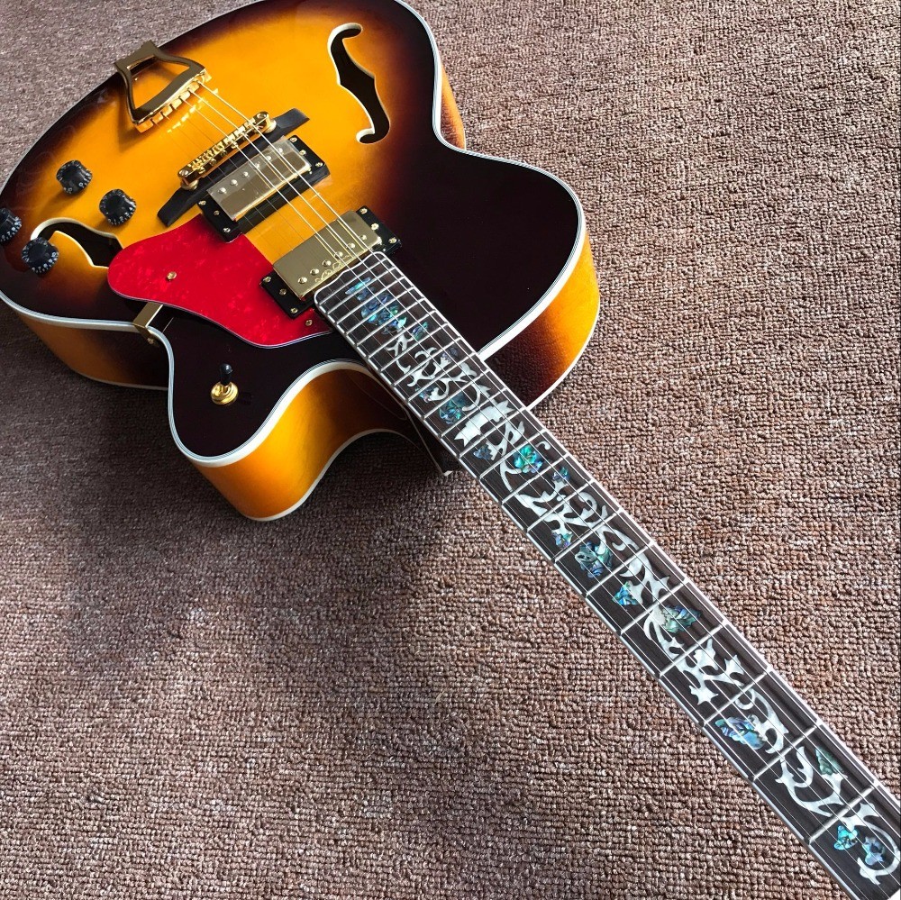 Double F hole OEM hollow body JAZZ electric guitar yellow maple top Jazz guitar free shipping