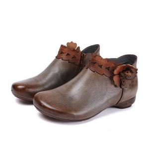 Wholesale S178 Factory autumn and winter new retro ethnic style polished color flower short boots flat handmade leather women's s from china suppliers