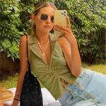 Drawstring Straps Women Crop Top Lapel Sleeveless Three Color