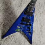 Factory Customized Special Body Blue Flying V Electric Guitar Black Hardware