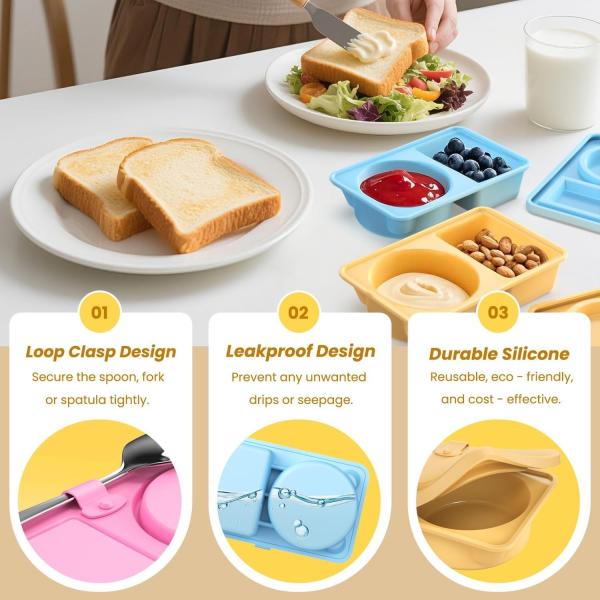 Silicone Reusable Snack Containers With Lids, 3 Pack Double/2 Compartment Snackle Box Container For Salad Sauce, Condiment Containers With Lids For