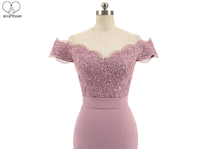 Off Shoulder Pink Mermaid Bridesmaid Dresses Lace Beading Elastic Sweep Train