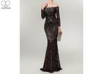 Black Sequins Mermaid Style Prom Dress / Sparkly Long Sleeve Ball Gown Small