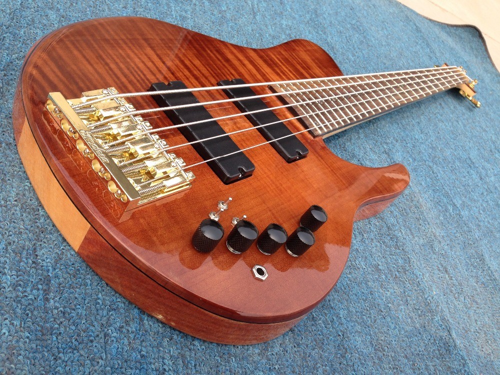 High End Flamed Maple Top Neck Through Body 5 strings gold Hardware Bass Guitar Guitarra custom bass guitar bass