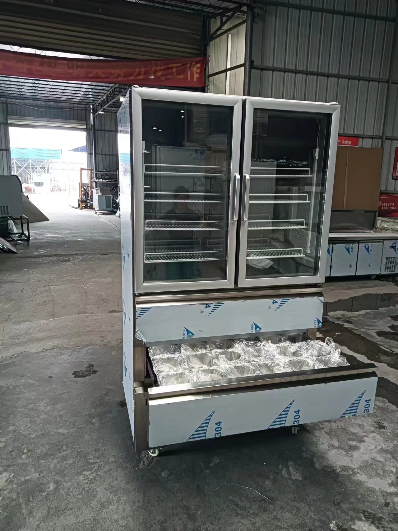 Upright Refrigerator 2 Glass Door For Freezer 2 Drawers For Chiller For Kitchen With 110V/60Hz
