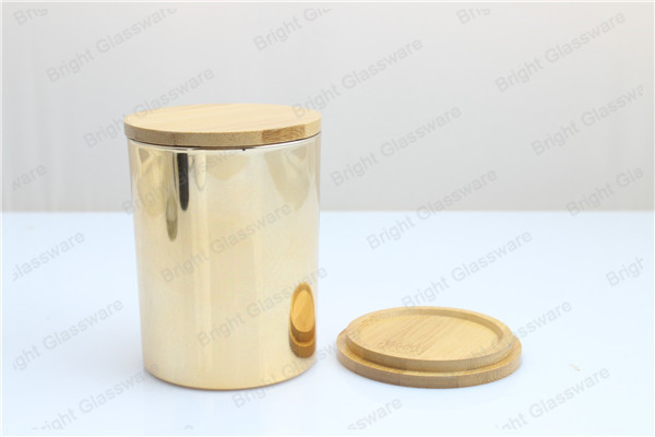 Glass Gold Candle Jar with Bamboo Lid, Bamboo Lid Jar for decor