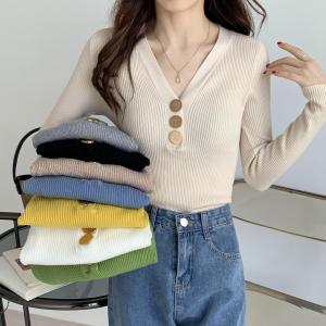 Wholesale Ladies Long Sleeve Pullover Deep V Neck Knit Sweater With Buttons from china suppliers