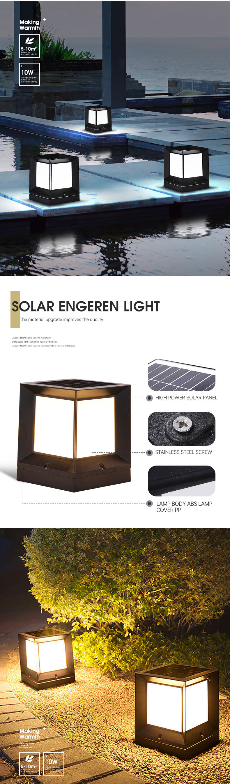 3.7V Black Solar Powered Fence Lights Solar Lantern 80LM For Outdoor Courtyard