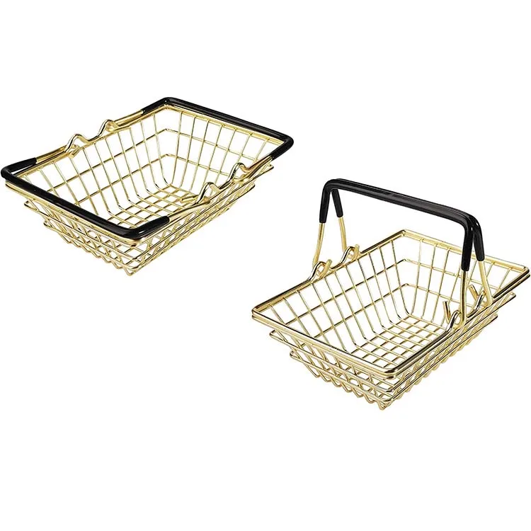 Portable Cute Storage Basket Mini Metal Gold Shopping Basket with Handles