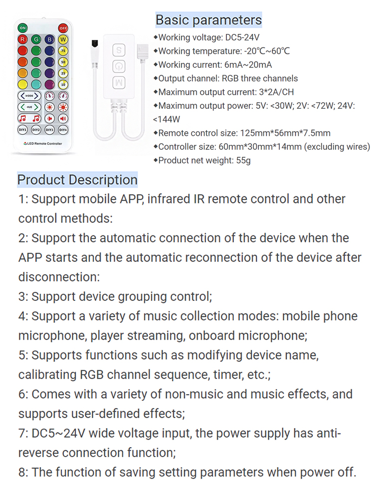 SP613E Bluetooth LED Strip Controller DC 144W 6A For Music Timing Dimming
