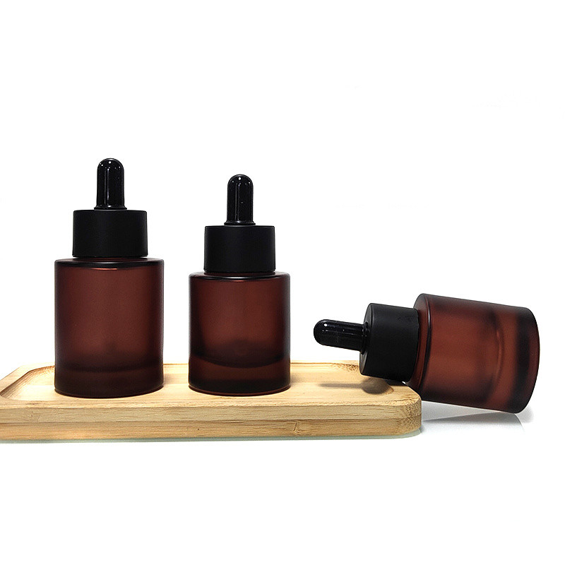High Durability Green Frosted Amber empty glass serum bottles Flat Shoulder