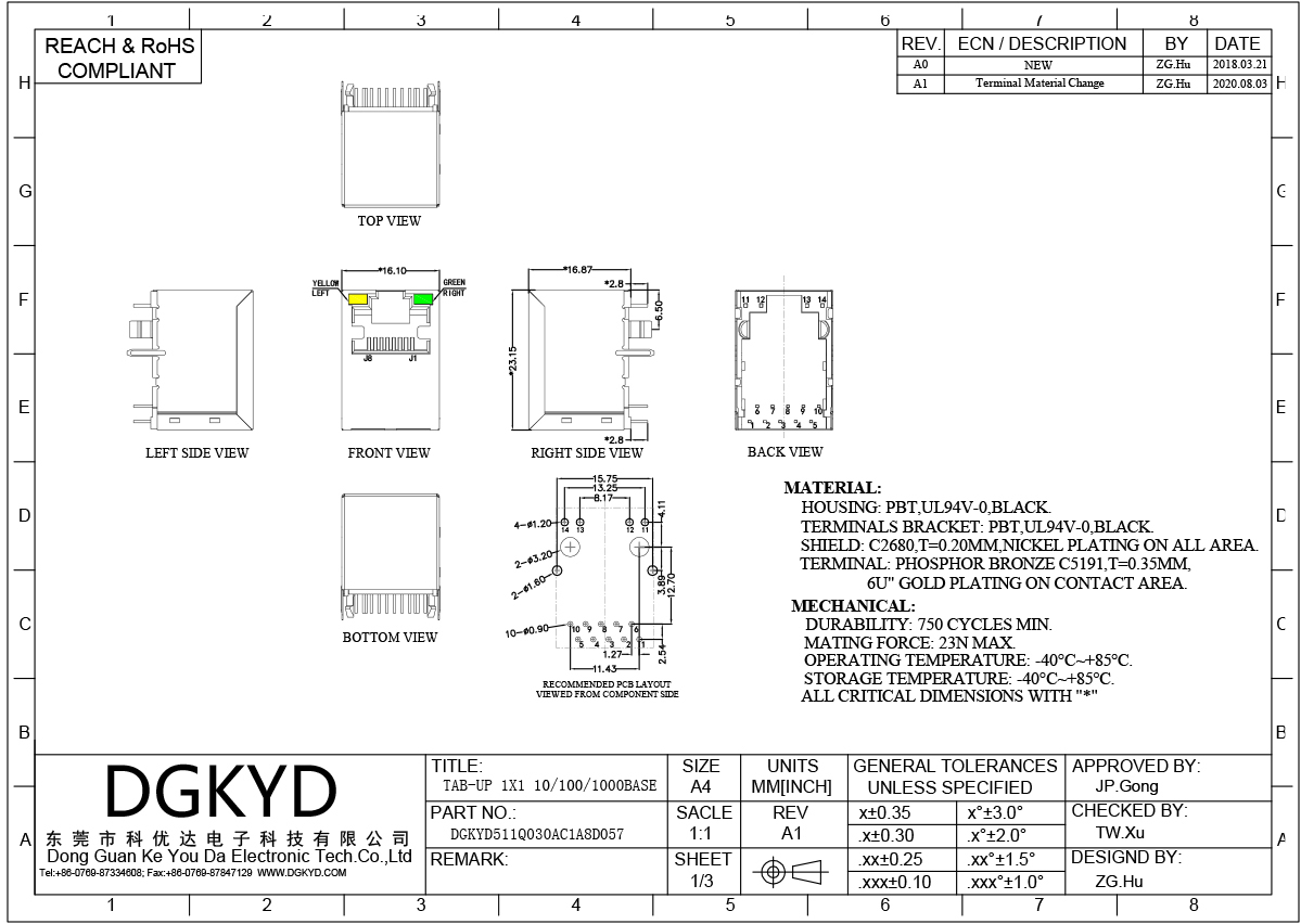 Top Entry Rj45 Lan Jack , Cat6 Gigabit Rj45 Modular Jack With Transformer DGKYD511Q030AC1A8D057