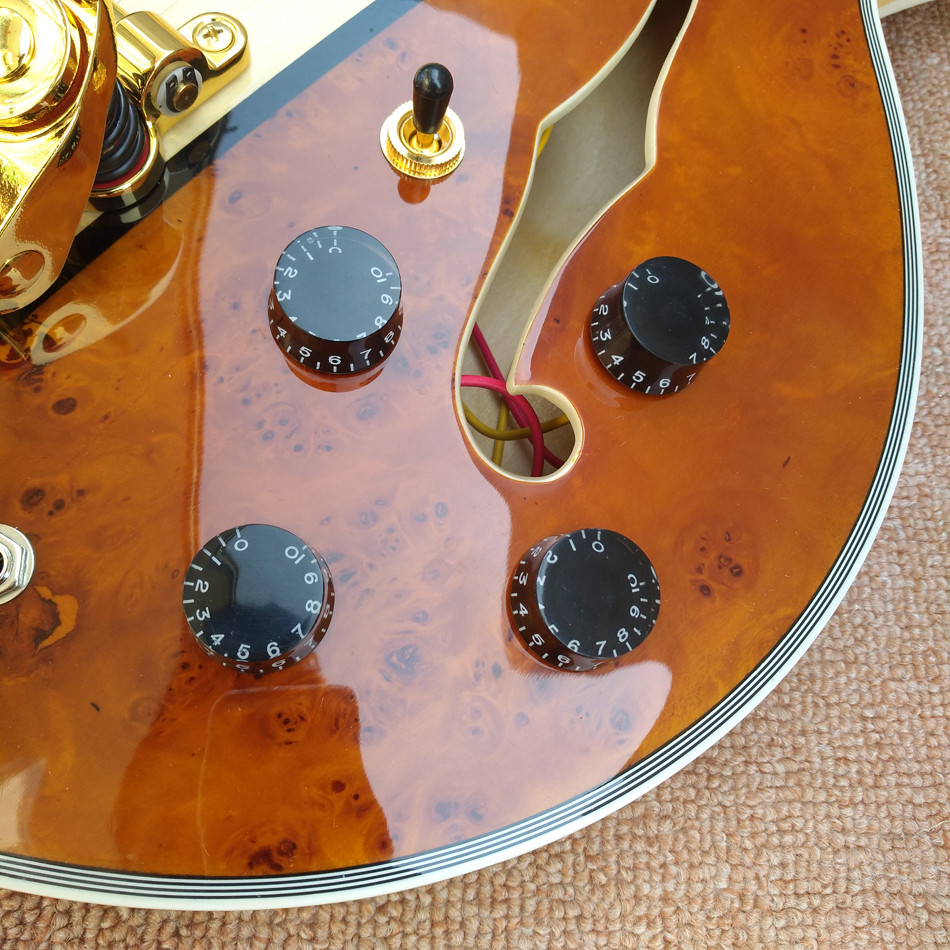 Hollow body jazz 335 electric guitar, Maple top gold hardware electric guitar with Tremolo system, free shipping