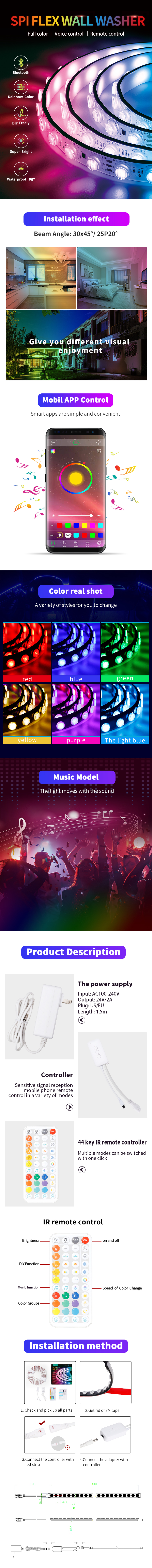 DC24V Flexible LED Strip Lights RGB / DMX / SPI Wall Washer Strip Light APP Control