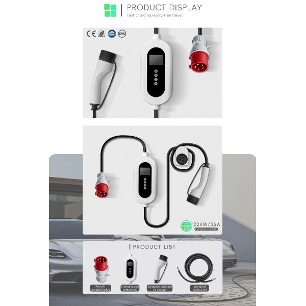 Type 2 Portable EV Charger With Adjustable Current For Tesla BYD Home EV Charging