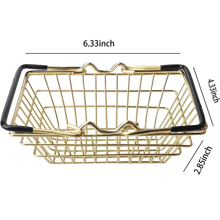 Portable Cute Storage Basket Mini Metal Gold Shopping Basket with Handles